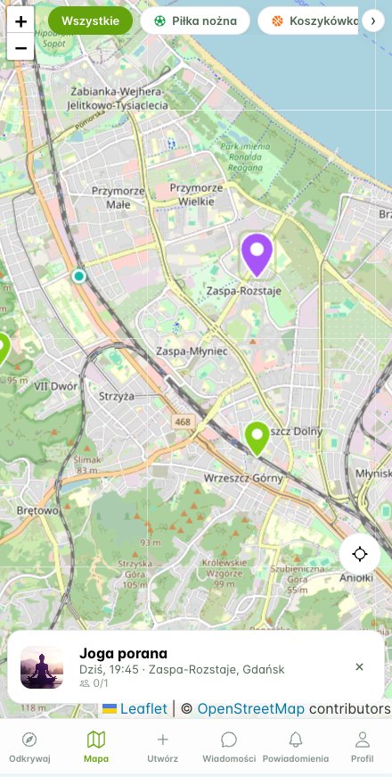 Mapa wydarzeń w aplikacji Huddlo